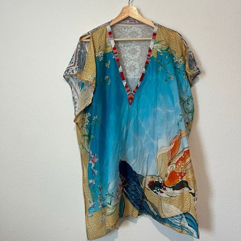 Johnny Was Floral Fish Beaded Short Sleeve Tunic Mini Dress Women's One Size